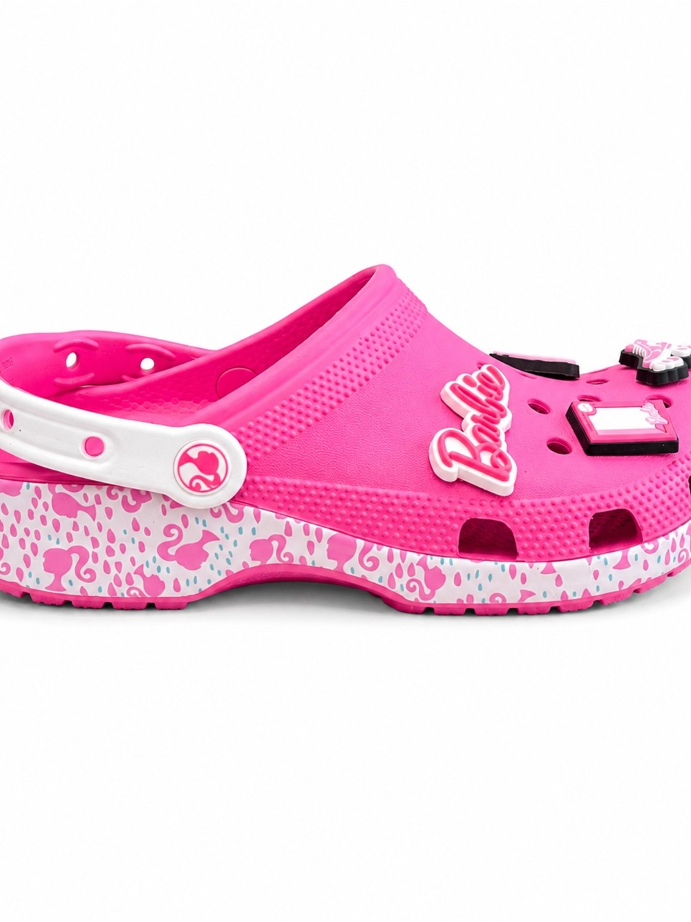 Crocs Classic Clog Barbie Electric Pink White Women's Sz 8 Charms EUC